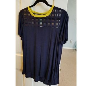 Loveappella Pines Mesh Neckline Mesh Top Navy NWT